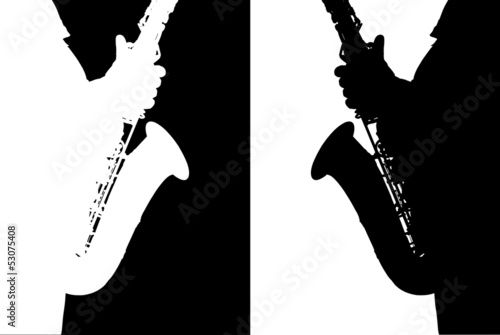Black and white silhouette of the saxophone.