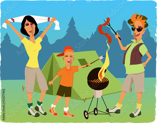 Family camping and barbecuing