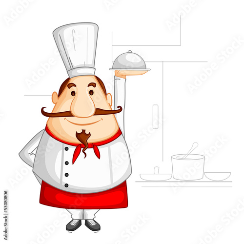 vector illustration of chef holding cloche in kitchen