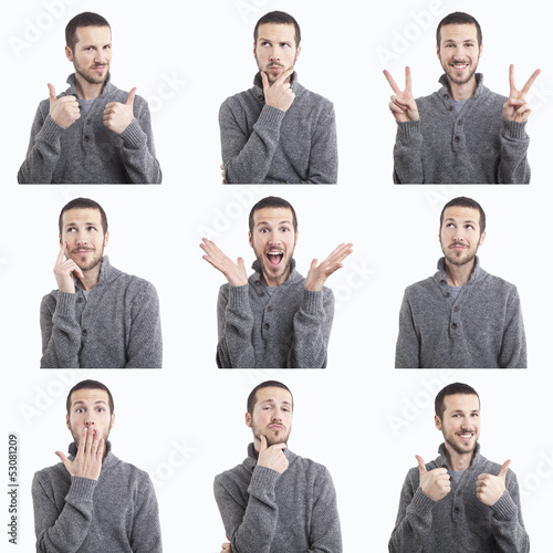 young man funny face expressions composite isolated on white bac