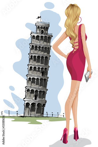 vector illustration of woman infront of Leaning Tower of Pisa