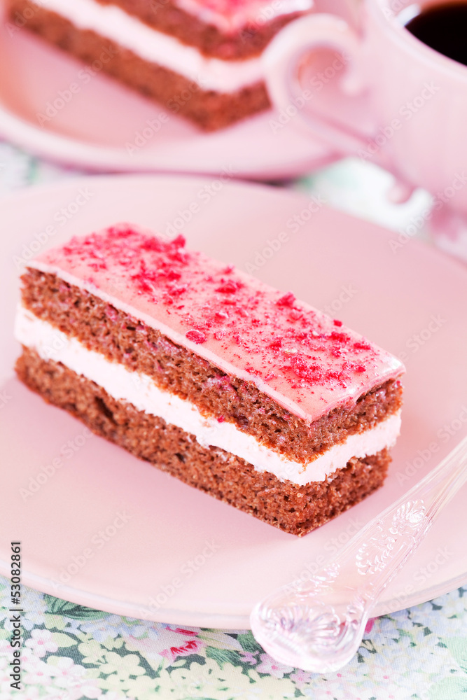Piece of chocolate raspberry cake, selective focus Piece of chocolate raspberry cake, selective focus