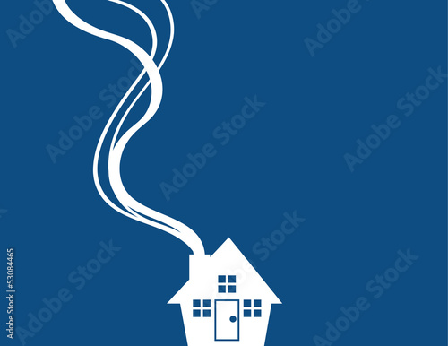 Minimal blue house with smoke coming from chimney