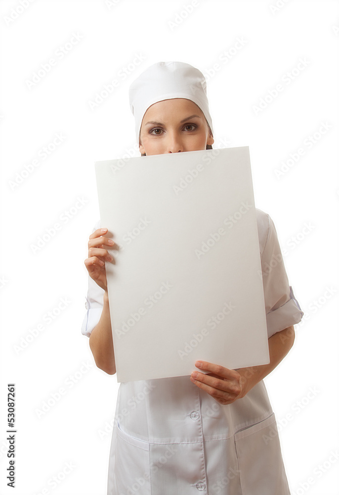 woman nurse or doctor showing blank sign board. woman nurse or doctor showing blank sign board.