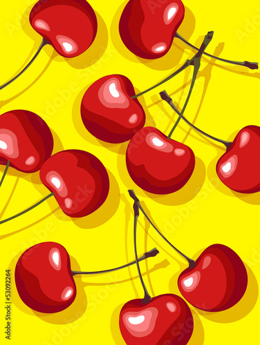 Vector of red cherries scattered on yellow background