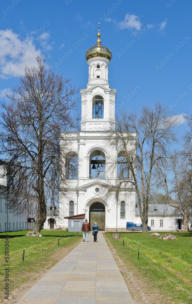 Bell tower of St. George's Monastery in Veliky Novgorod, Russia
