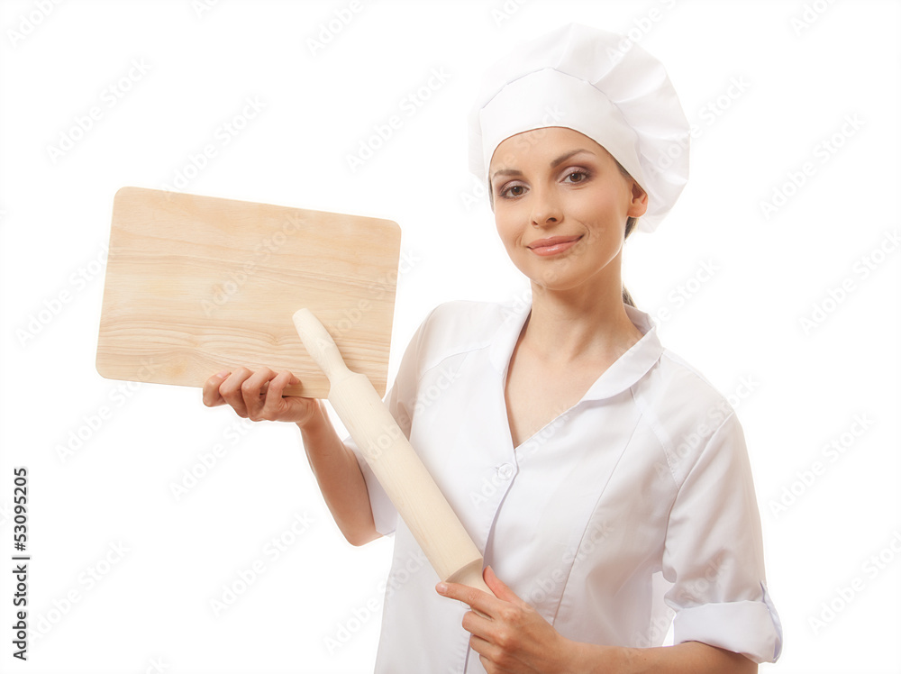 Chef In Uniform With Cutting Board Isolated On White Background Chef In Uniform With Cutting Board Isolated On White Background
