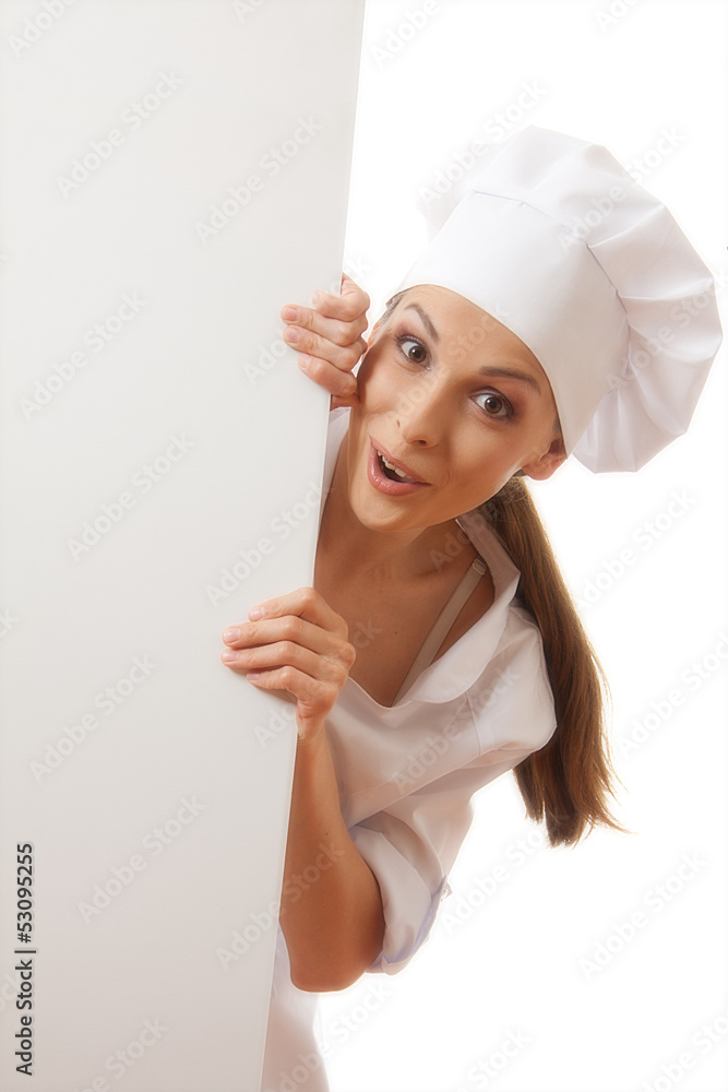 Woman cook holding paper sign, isolated on white background Woman cook holding paper sign, isolated on white background