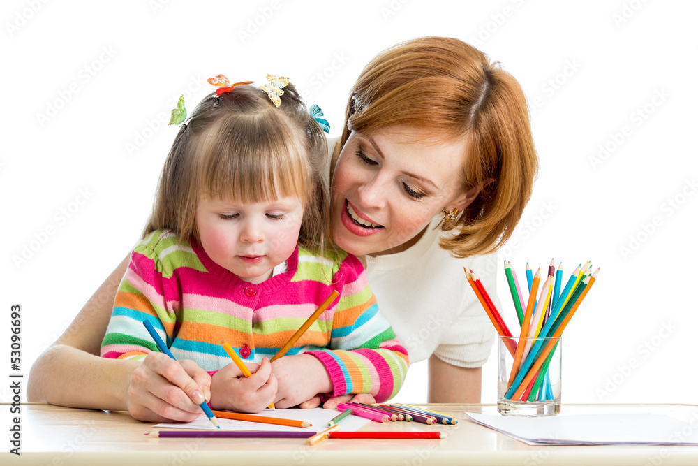 mother and kid girl draw together mother and kid girl draw together