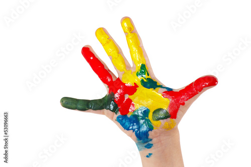 Painted children's hand isolated on white background