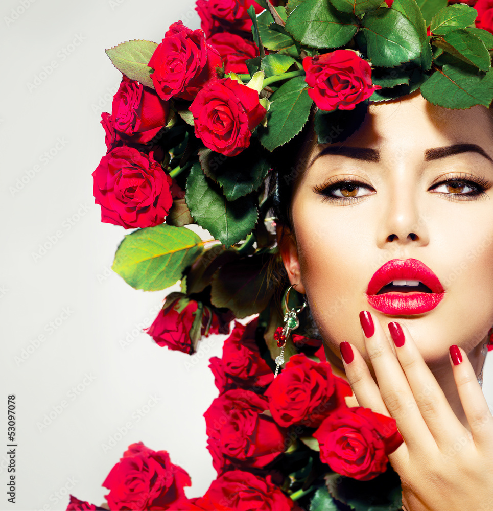 Beauty Fashion Model Girl Portrait with Red Roses Hairstyle - obrazy, fototapety, plakaty 