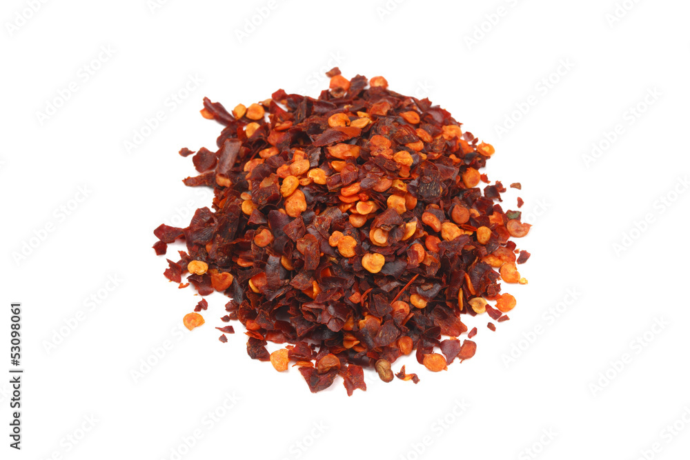 Red Chilli Pepper and Flakes on white Background Red Chilli Pepper and Flakes on white Background