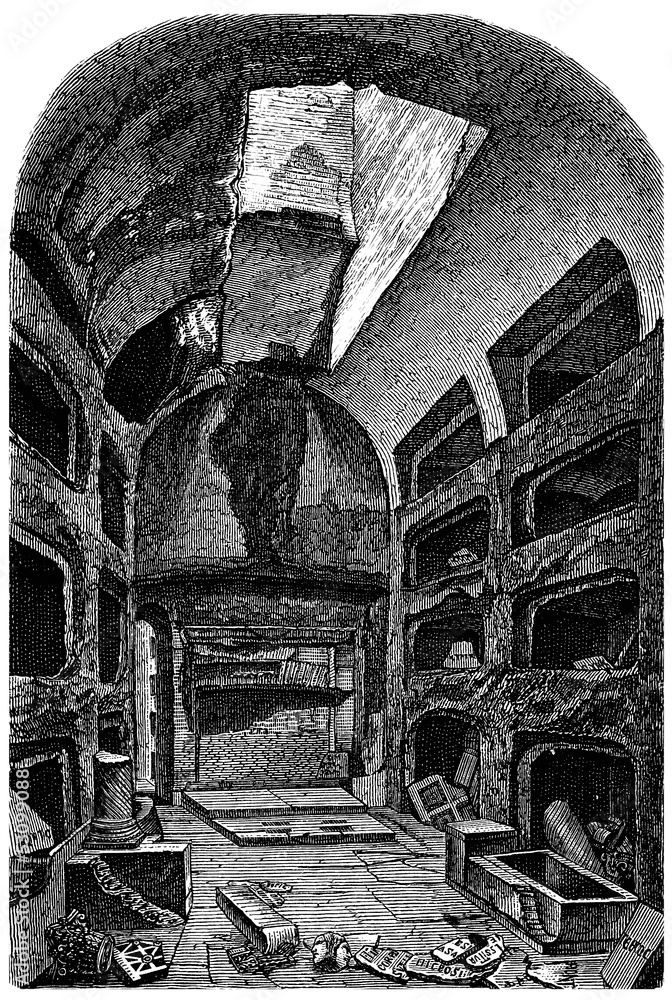 Naklejka premium Ancient Rome - Catacombs : Popes Crypt - View 19th century