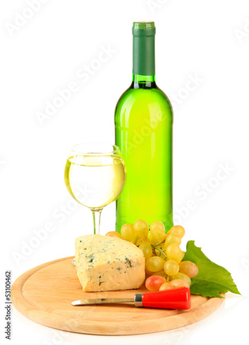 Wine, tasty blue cheese and grape