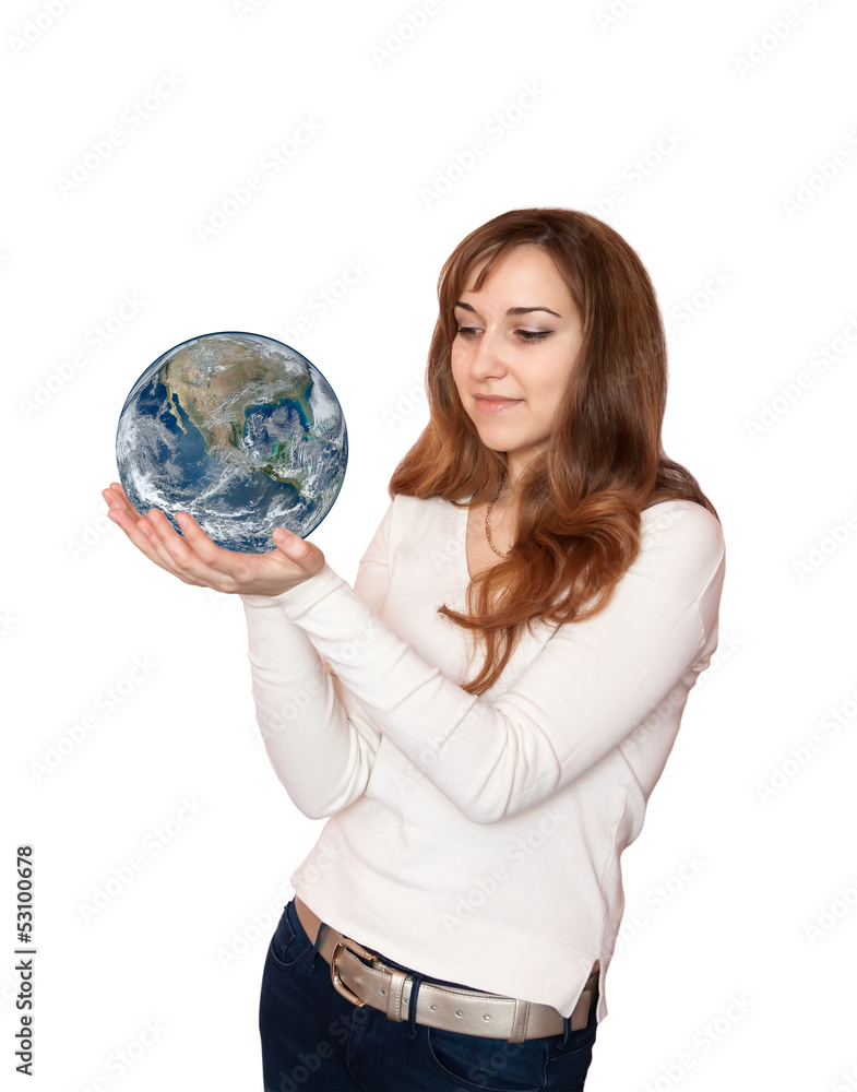 Beautiful woman holding planet Earth in hand. Beautiful woman holding planet Earth in hand.
