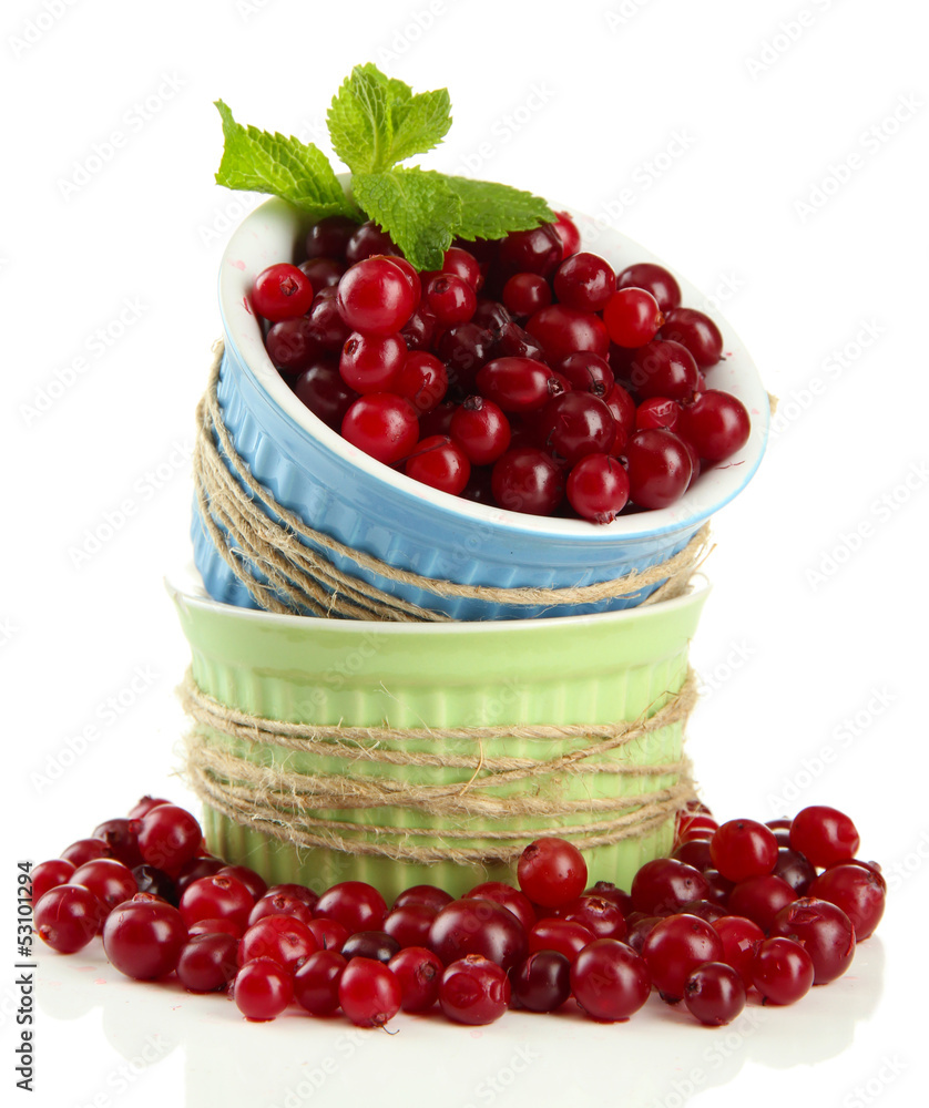 Ripe red cranberries in bowls, isolated on white. Ripe red cranberries in bowls, isolated on white.