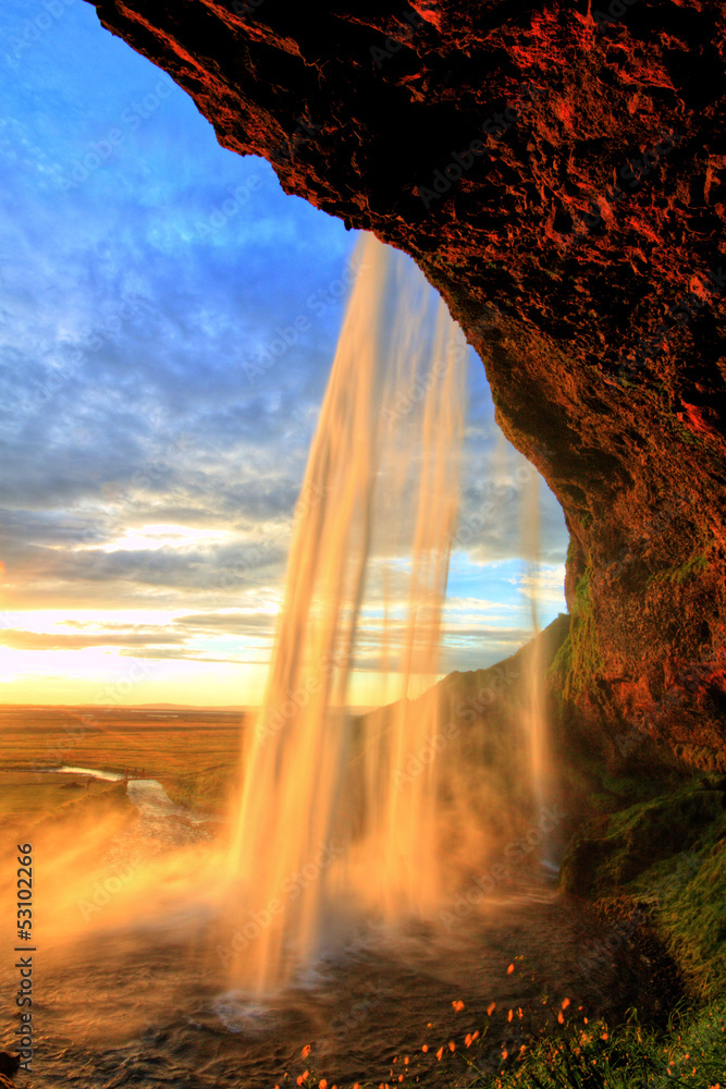 Seljalandfoss waterfall at sunset, Iceland