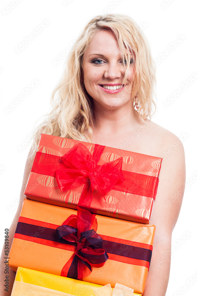 Happy naked woman with gifts Happy naked woman with gifts