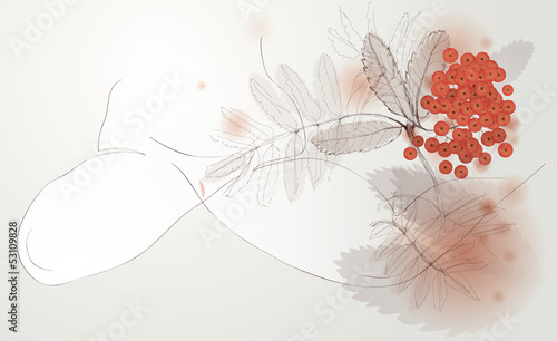 Naked woman in rowanberry tree / Gentle nude drawing