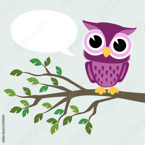 cute baby owl sitting on a branch with text balloon