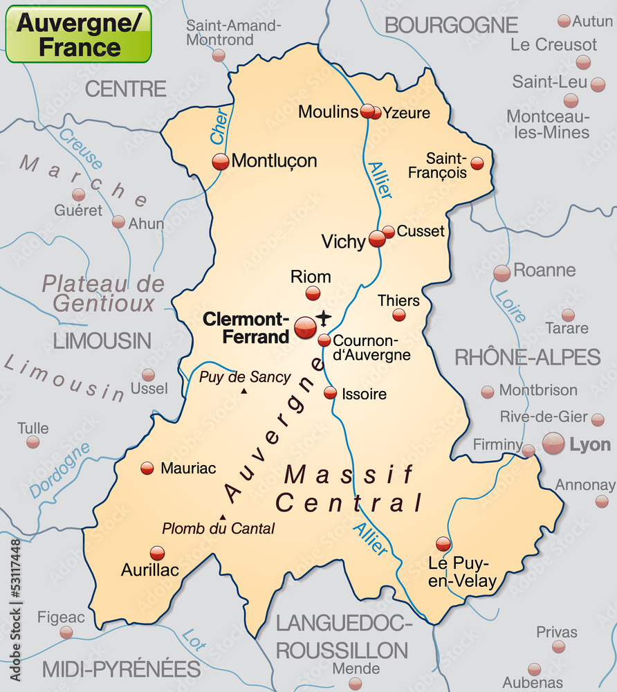  Karte der Region Auvergne in Frankreich mit Umgebung