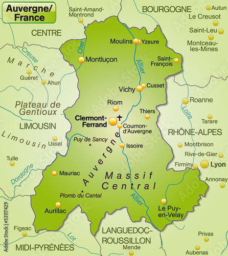  Karte der Region Auvergne in Frankreich mit Umgebung