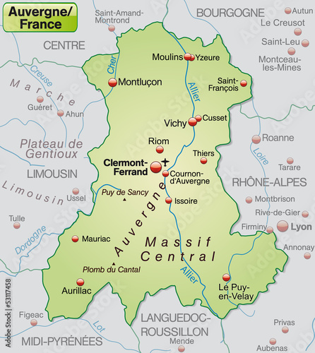  Karte der Region Auvergne in Frankreich mit Umgebung