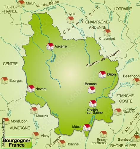 Landkarte der Region Bourgogne in Frankreich