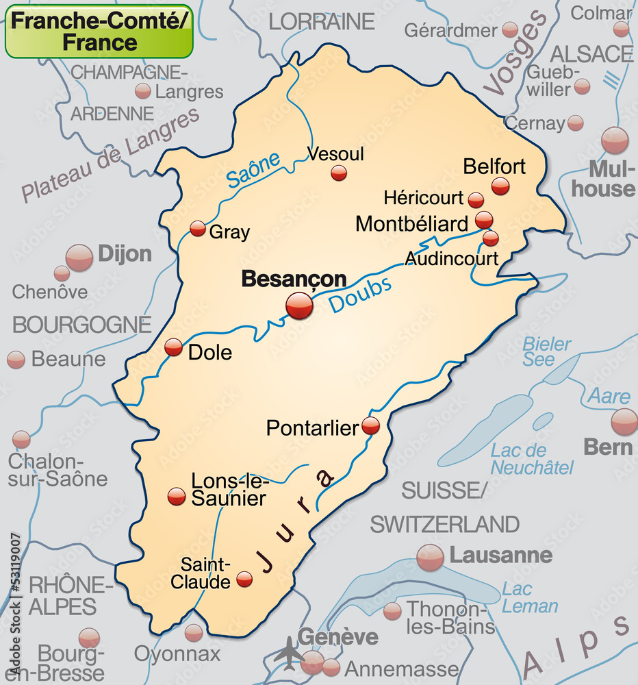 Karte der Region France-Comté mit Umgebung