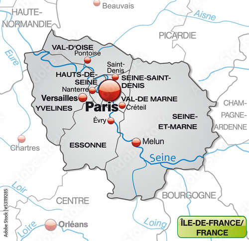 Karte von Île-de-France mit Departements und Umland