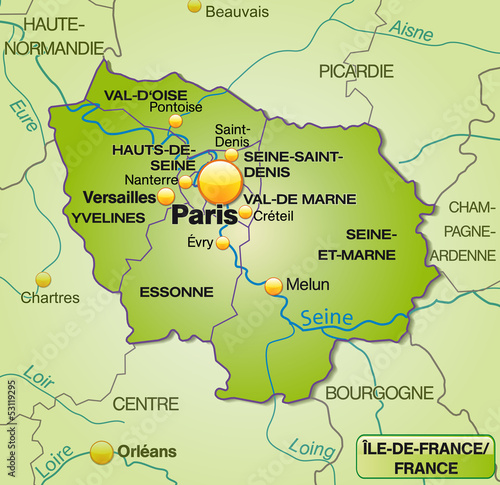 Karte von Île-de-France mit Departements und Umland