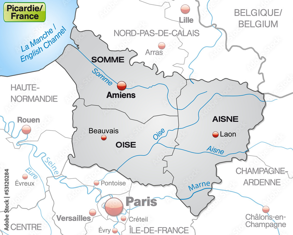 Karte der Region Picardie mit Departements und Umland