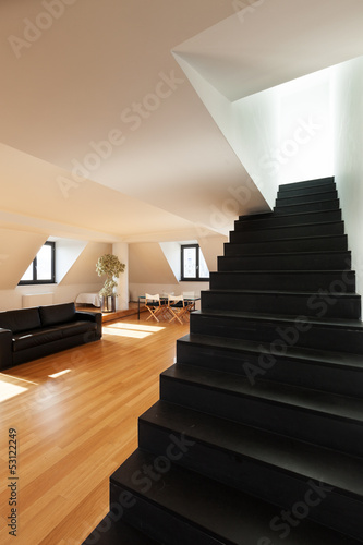 interior  beautiful loft  hardwood floor  view staircase black