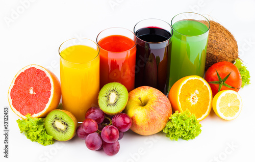 Fresh  juices and fruits isolated on white