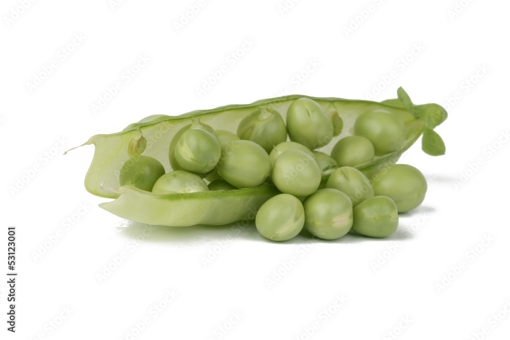 Ripe pea vegetable with green leaf isolated on white background Ripe pea vegetable with green leaf isolated on white background