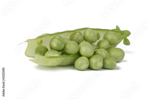 Ripe pea vegetable with green leaf isolated on white background