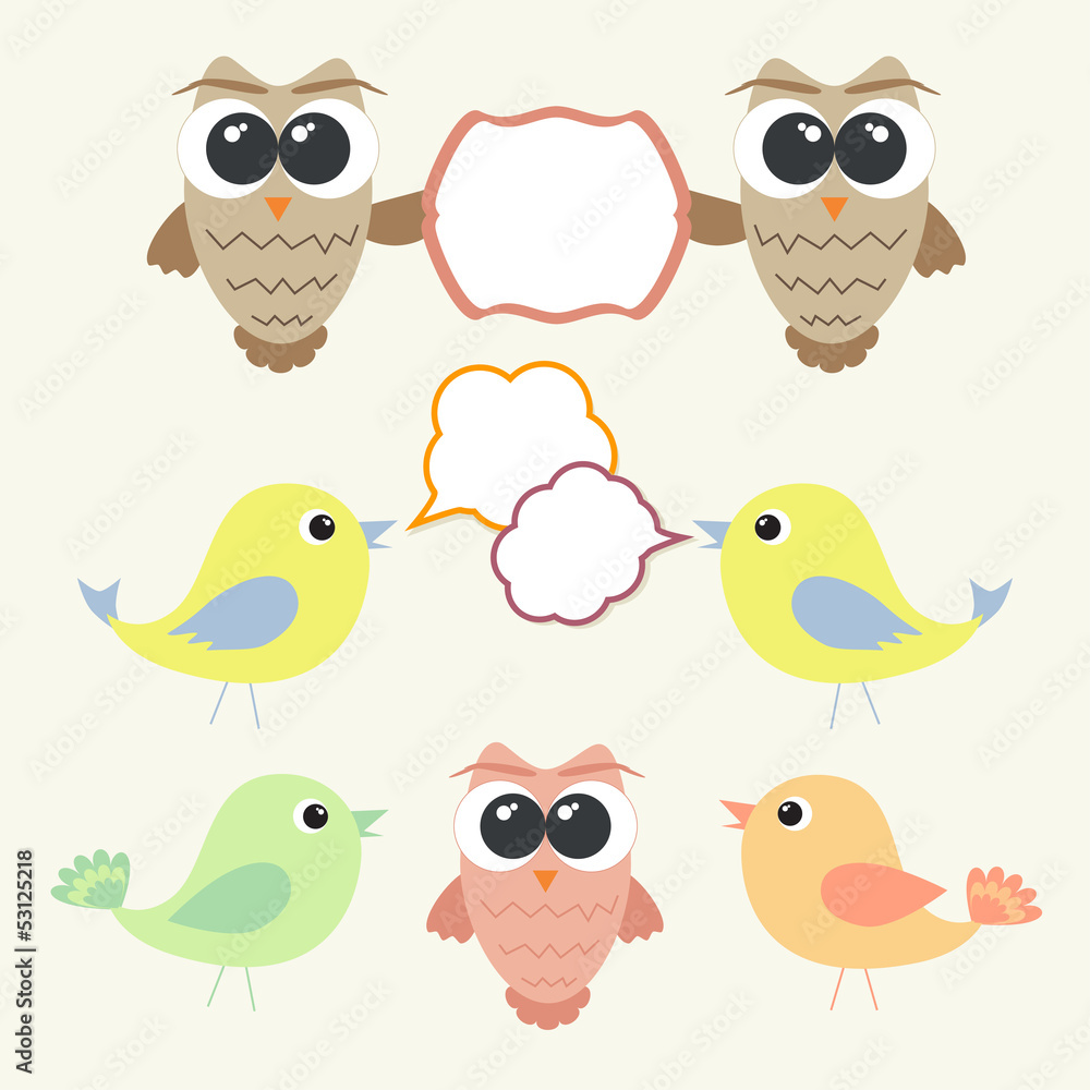 Set of owls and birds with speech bubbles Set of owls and birds with speech bubbles