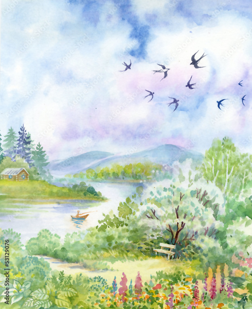 Spring landscape with swallows