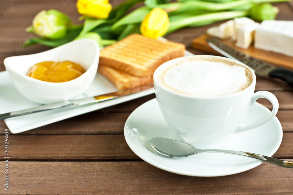 cup of coffee, cheese, toasted bread and mango jam cup of coffee, cheese, toasted bread and mango jam