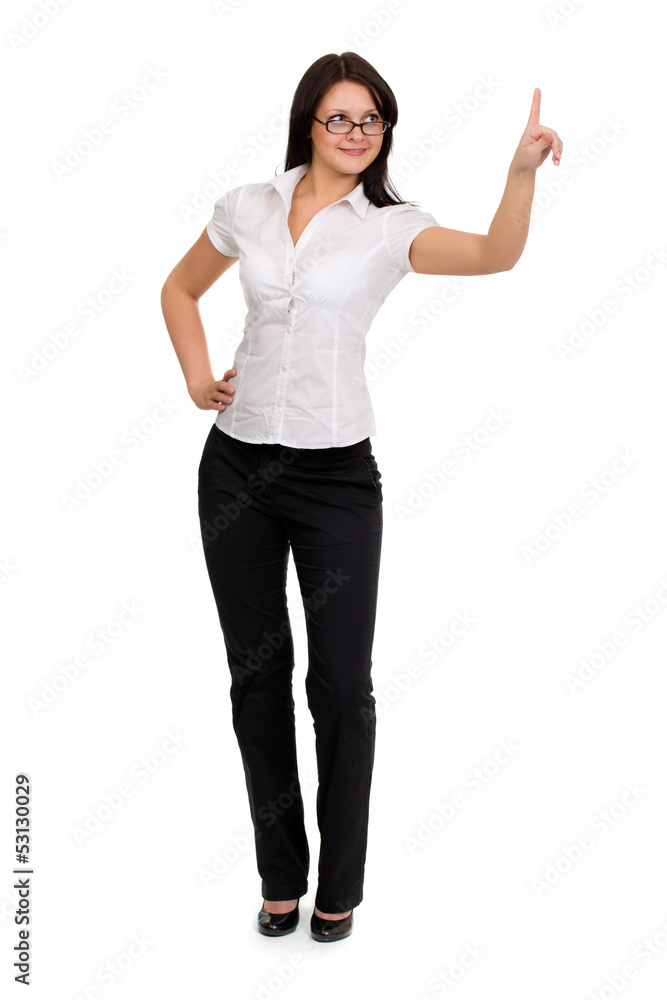 Brunette businesswoman touching virtual pad transparent key with Brunette businesswoman touching virtual pad transparent key with