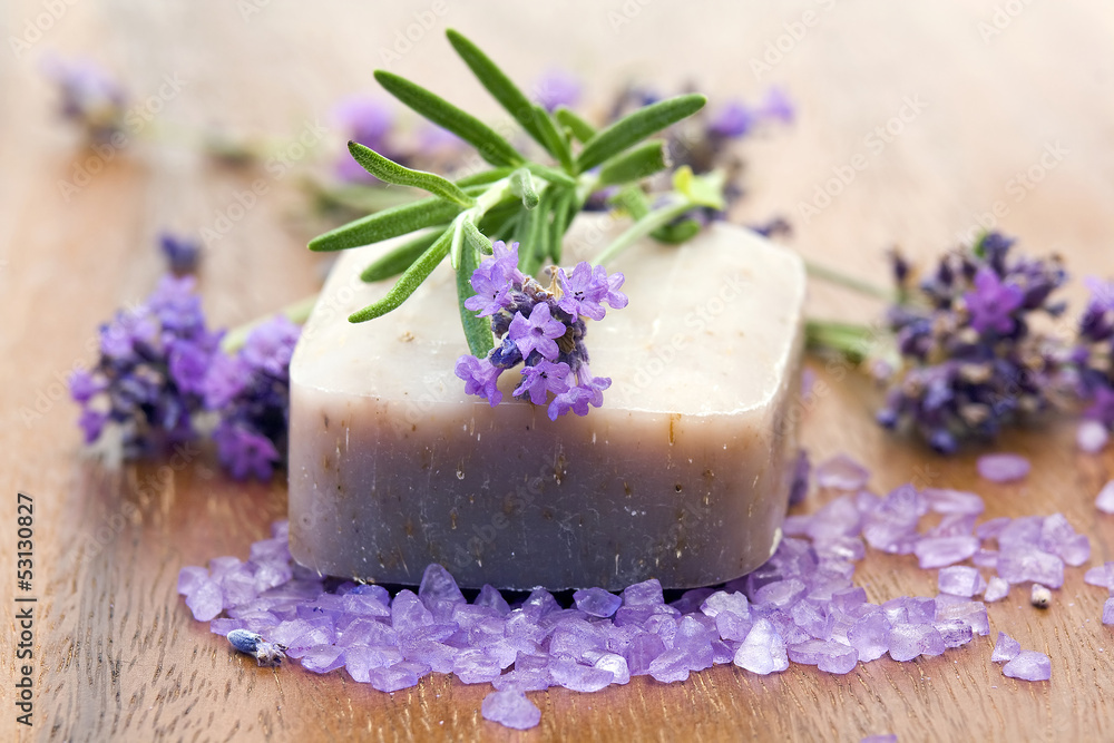 bar of natural soap and lavender flowers bar of natural soap and lavender flowers