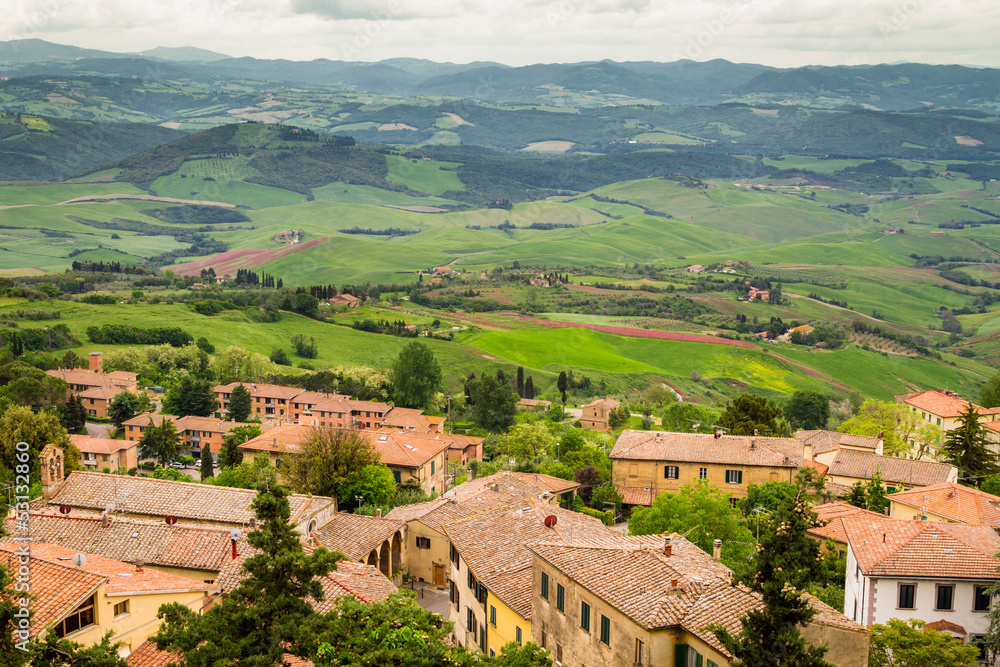 View of a green valley in Volterra, Italy