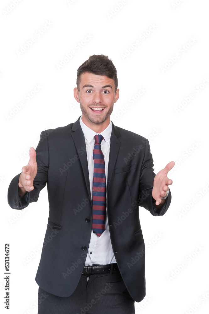 Welcome gesture by smart business man - on white Welcome gesture by smart business man - on white