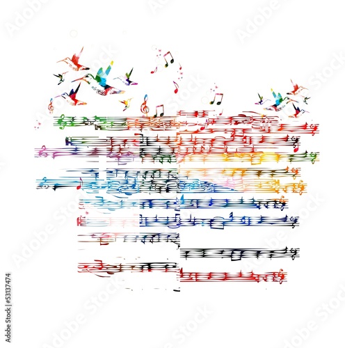 Colorful vector music background with hummingbirds