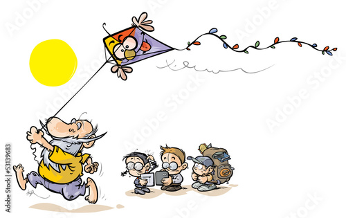 Cheerful old man and Children busy and serious.