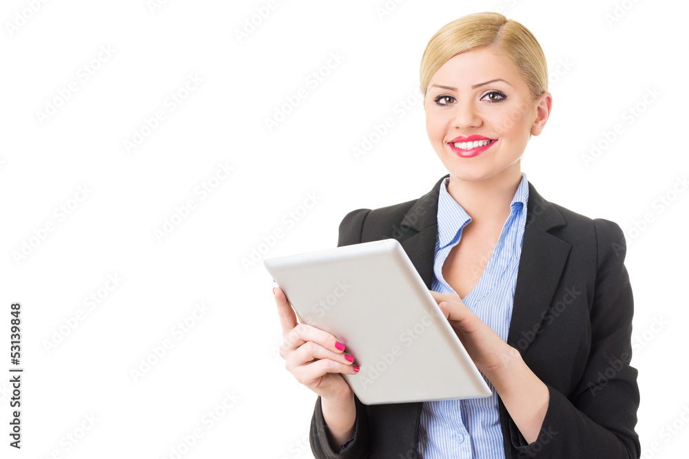 Cute happy businesswoman using digital tablet Cute happy businesswoman using digital tablet