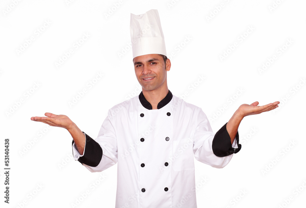 Male cook standing with palms open Male cook standing with palms open