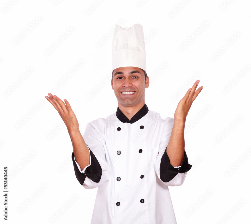 Excited male chef standing with hands up Excited male chef standing with hands up