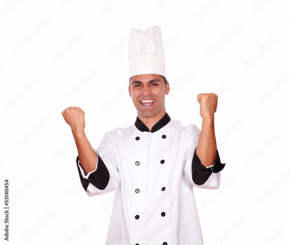 Happy male chef showing winning gesture with hands