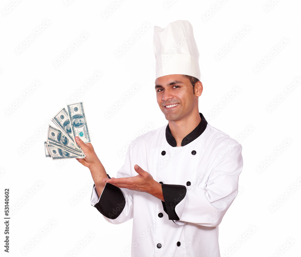 Happy person in cook uniform holding cash money